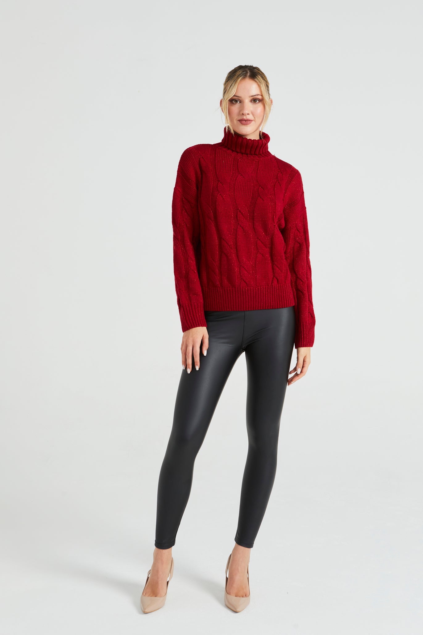 Angeleye High Neck Cable Knit Jumper With Lurex In Red