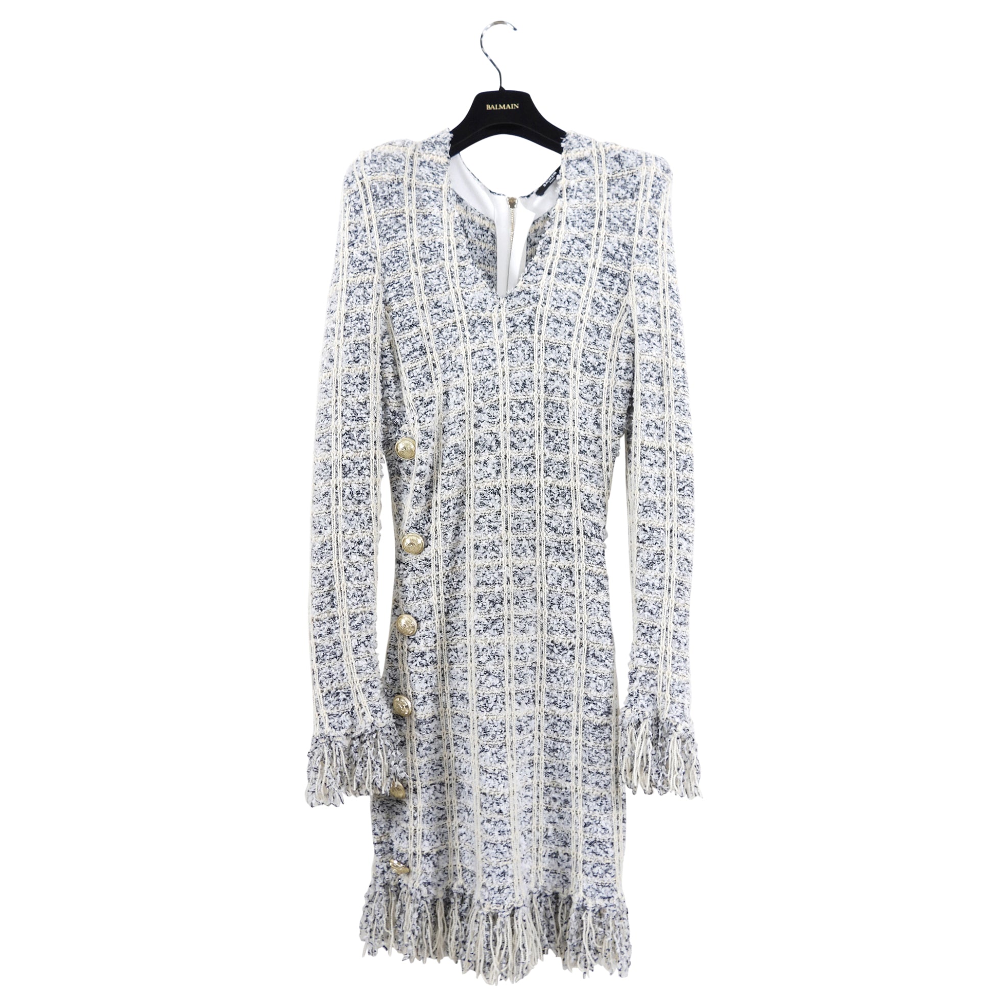 Balmain Ivory White Black Fringe Knit Tweed Dress with Gold Buttons - 6