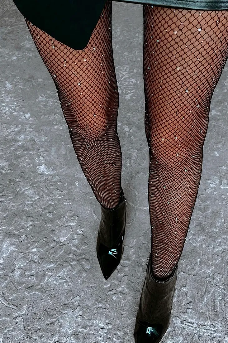 Black Rhinestone Fishnet Tights