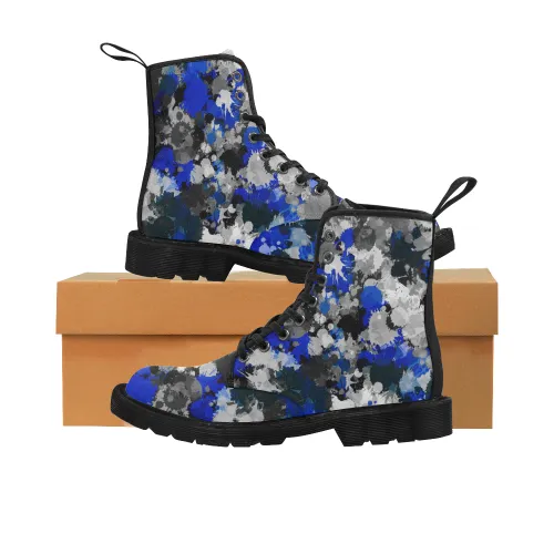 Blue and Grey Paint Splatter Men's Black  Boots