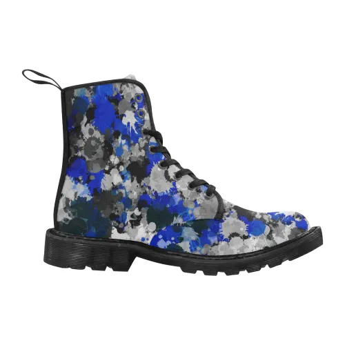 Blue and Grey Paint Splatter Men's Black  Boots