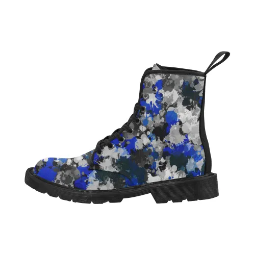 Blue and Grey Paint Splatter Men's Black  Boots