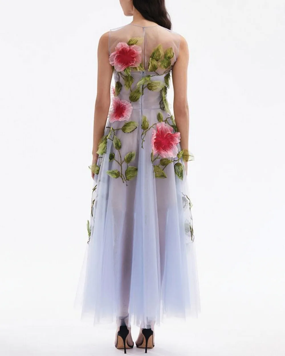 Blue and Pink Hibiscus Embellished Organza Gown