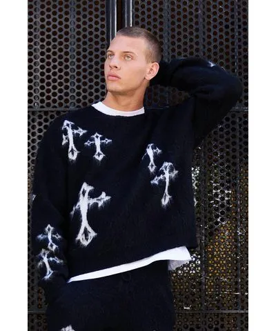 boohoo Mens Oversized Eyelash Knit Cross Graphic Sweater