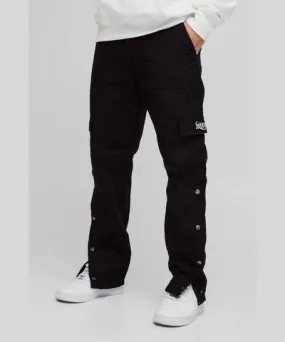 boohooMAN Mens Straight Ripstop Popper Hem Branded Cargo Pants