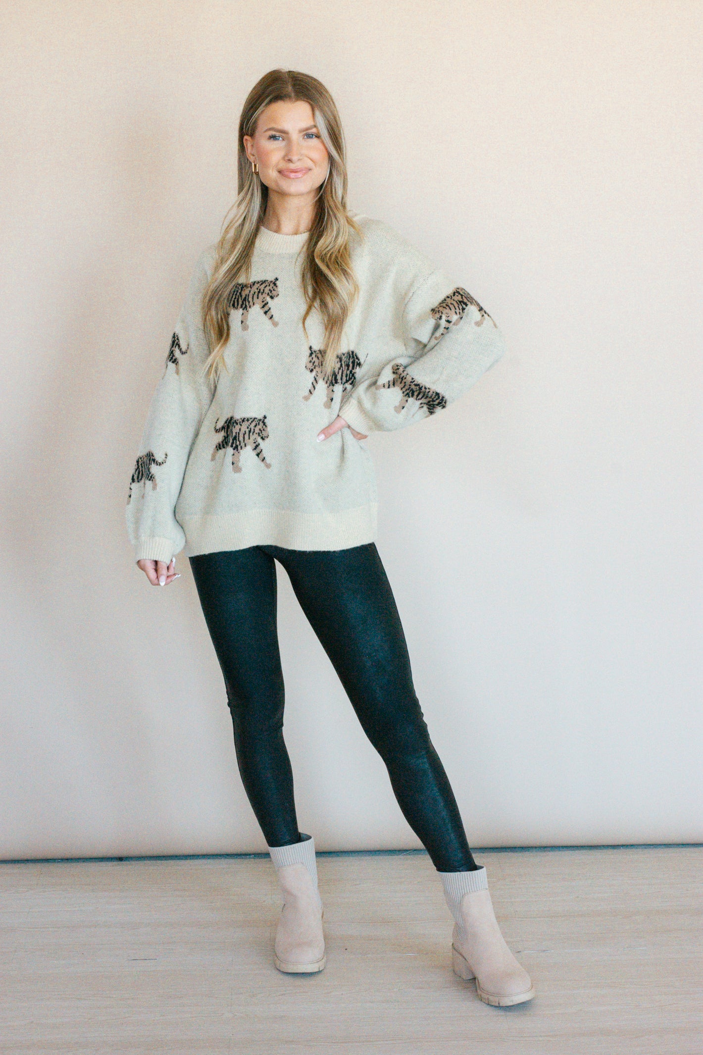 Born to Fly Oatmeal Tiger Pattern Sweater