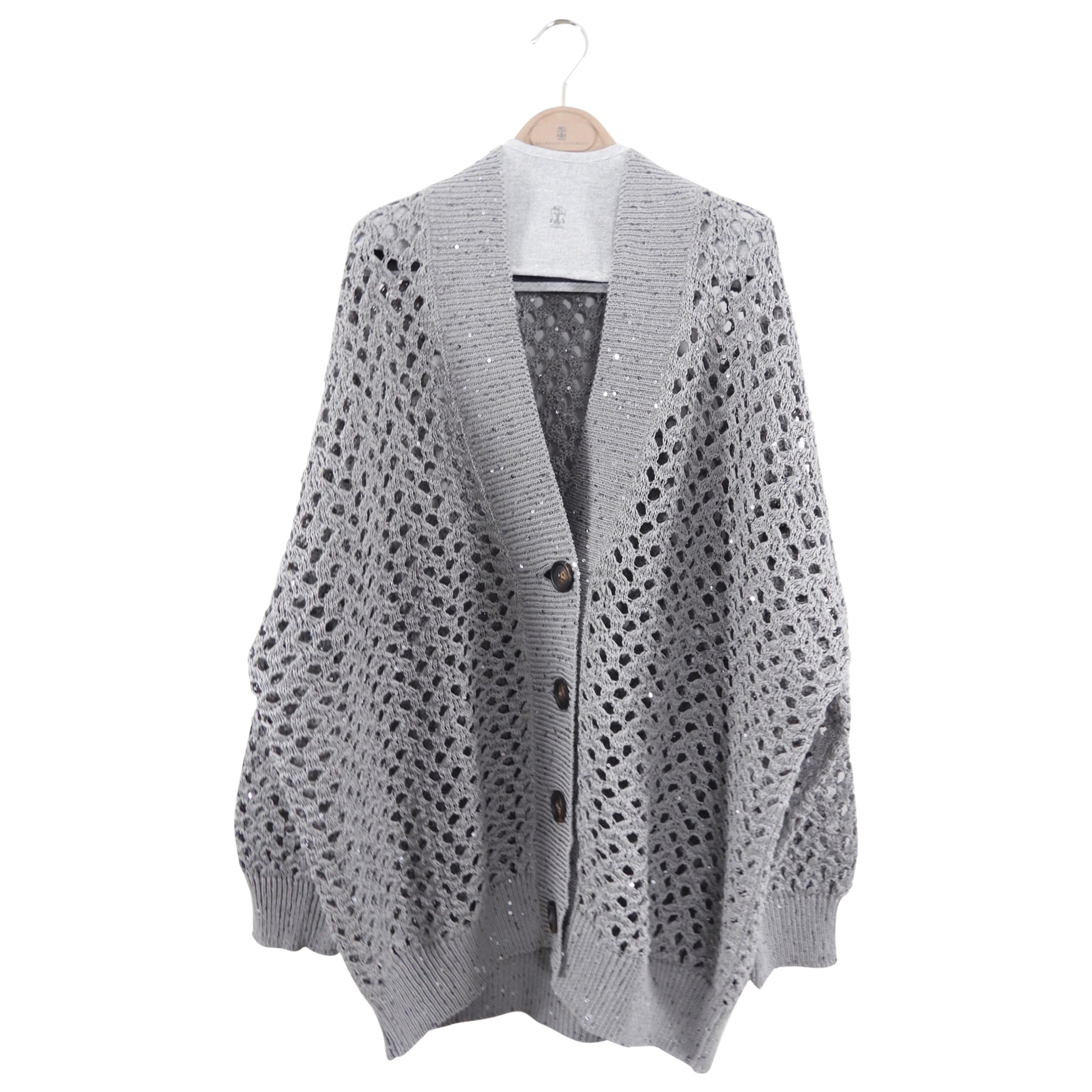 Brunello Cucinelli Grey Open Knit Sequin Cardigan Sweater - S