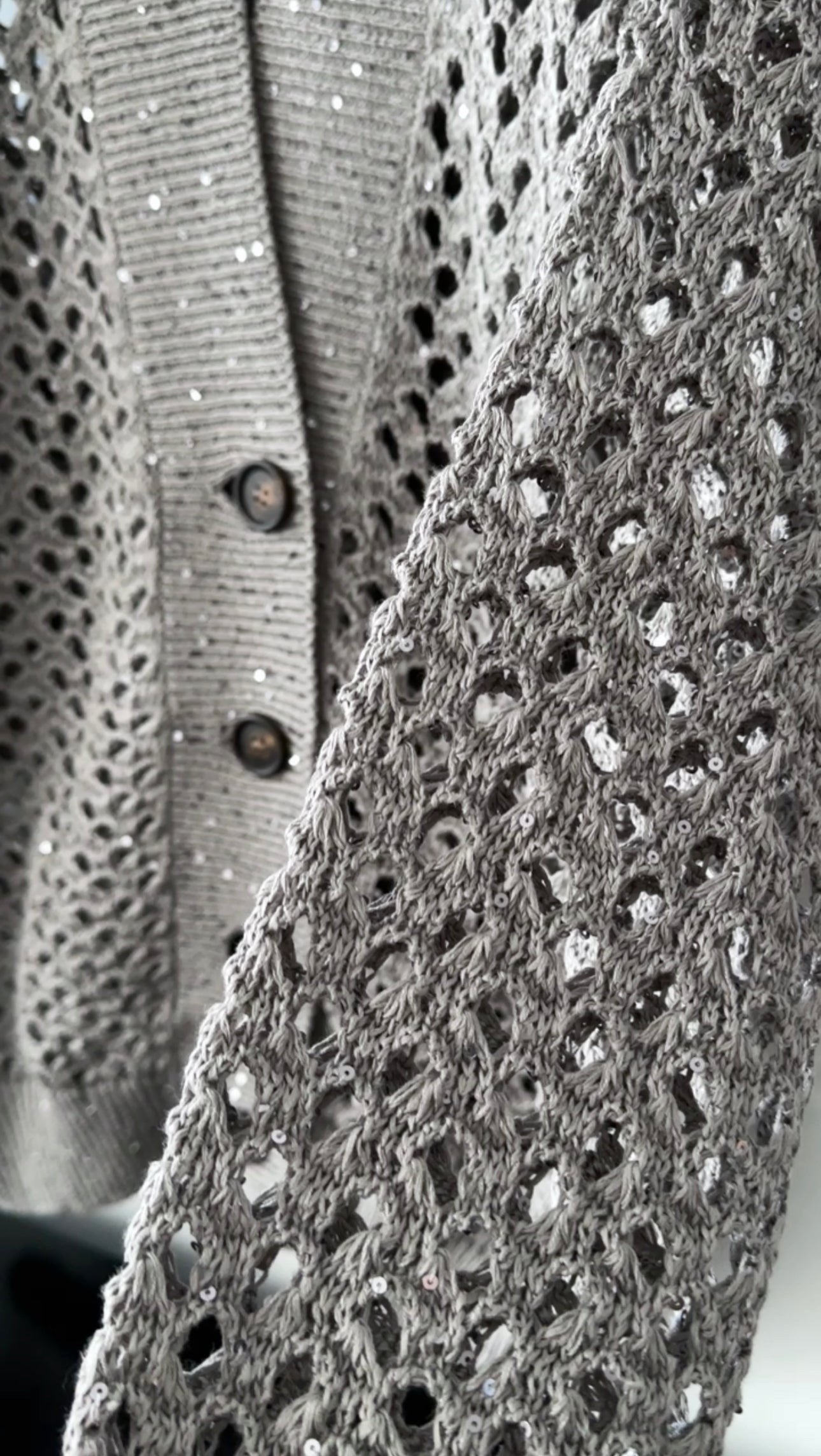 Brunello Cucinelli Grey Open Knit Sequin Cardigan Sweater - S