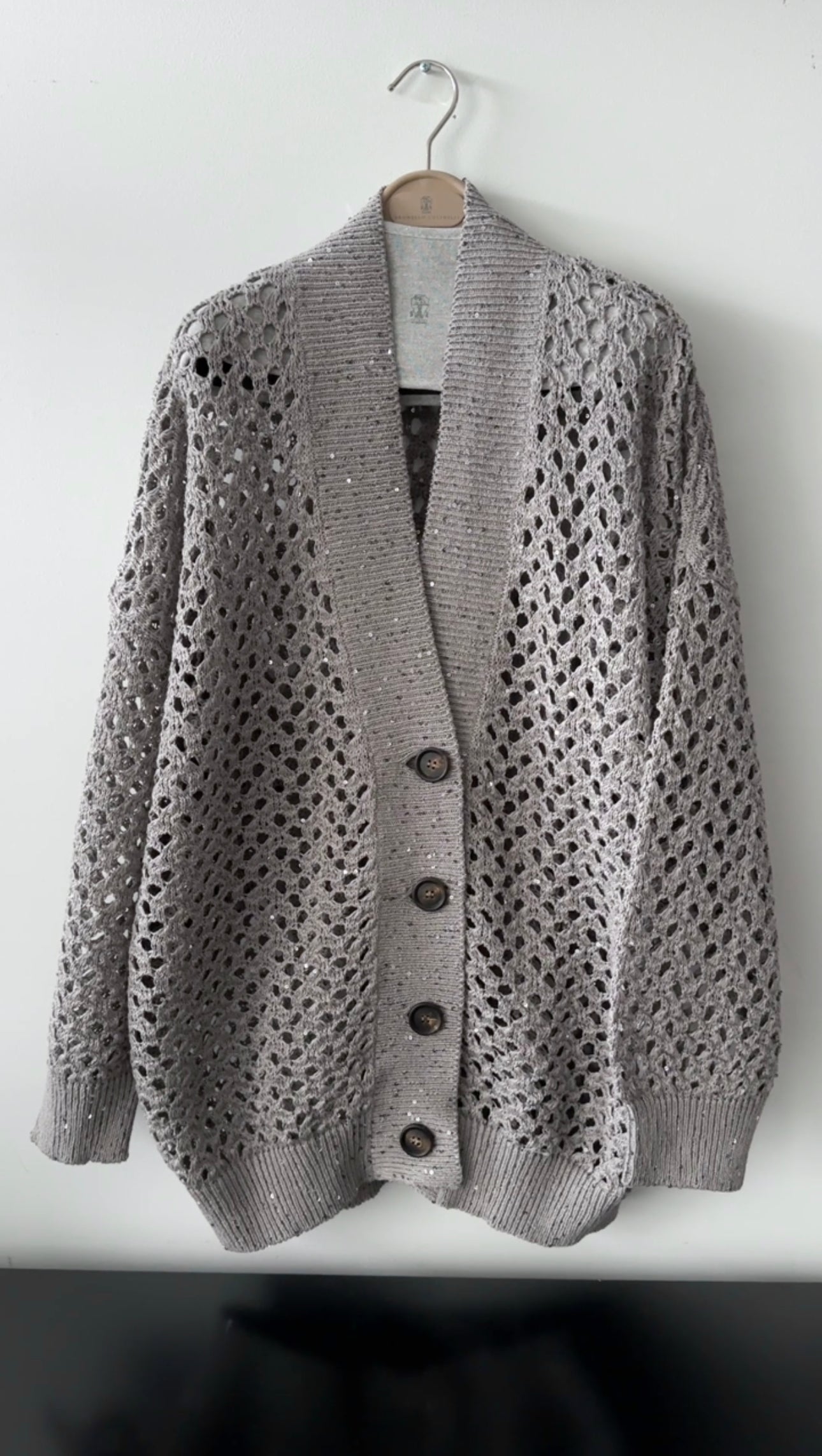 Brunello Cucinelli Grey Open Knit Sequin Cardigan Sweater - S