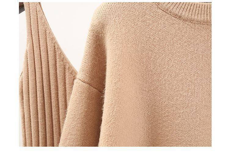 Cashmere Soft Ribbed Knit Dress And Long Sleeve Sweater Two Piece Set