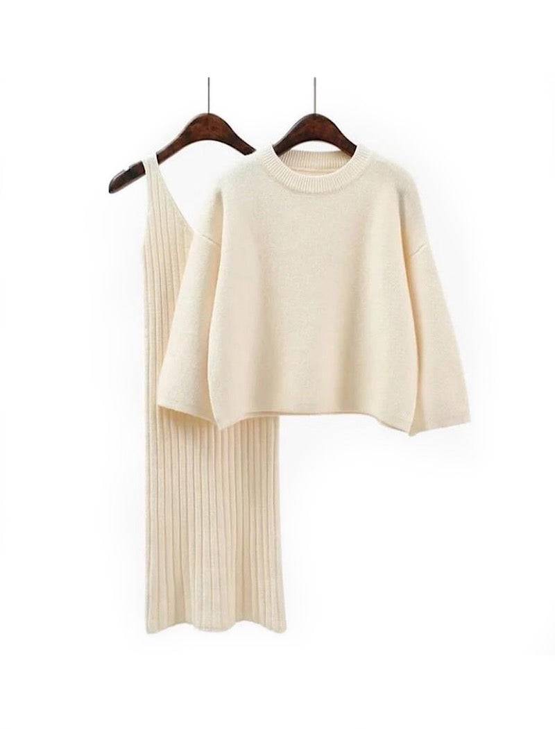 Cashmere Soft Ribbed Knit Dress And Long Sleeve Sweater Two Piece Set