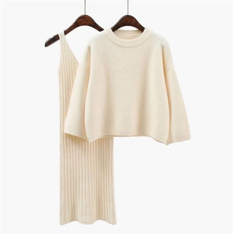 Cashmere Soft Ribbed Knit Dress And Long Sleeve Sweater Two Piece Set