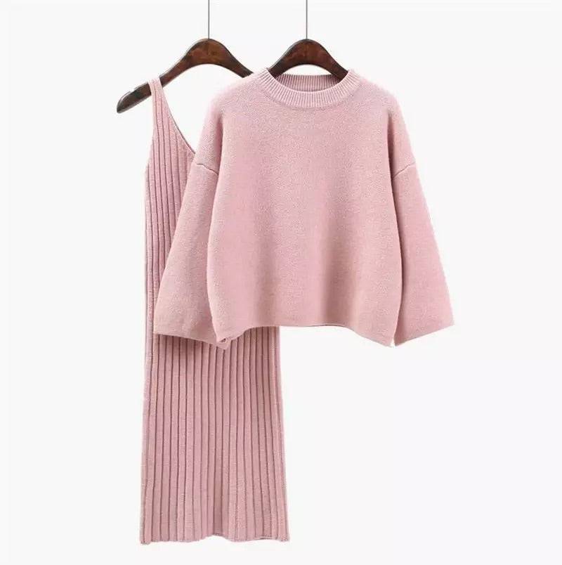 Cashmere Soft Ribbed Knit Dress And Long Sleeve Sweater Two Piece Set