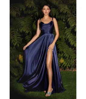 Cinderella Divine  Navy Liquid Satin Prom Gown