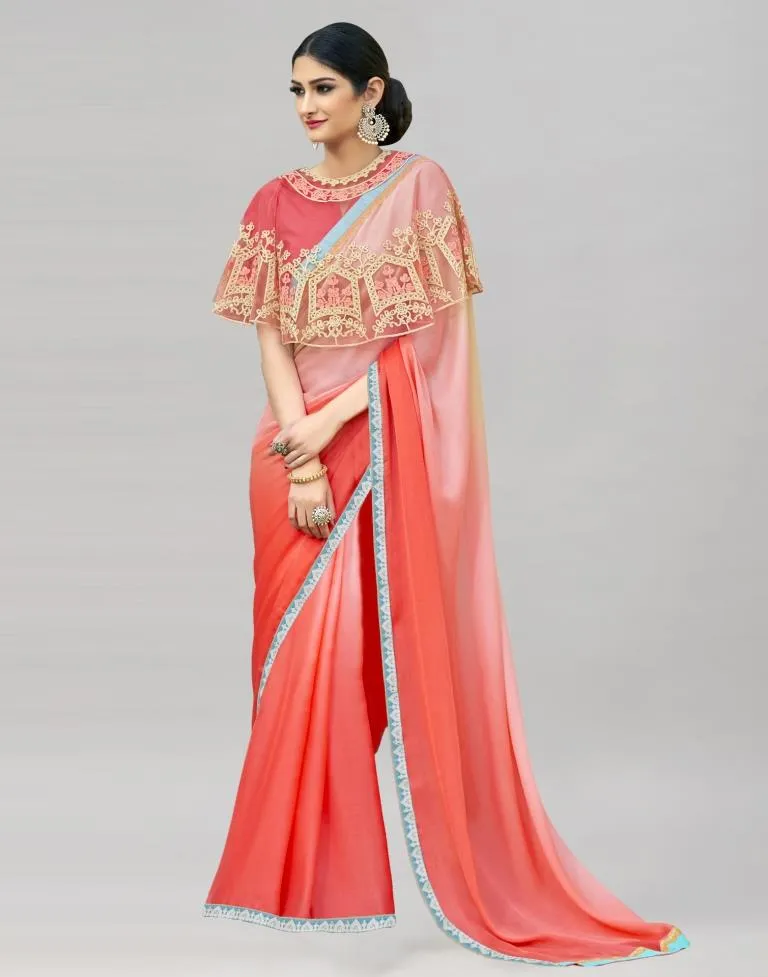 Coral Pink Coloured Chiffon Plain Partywear saree