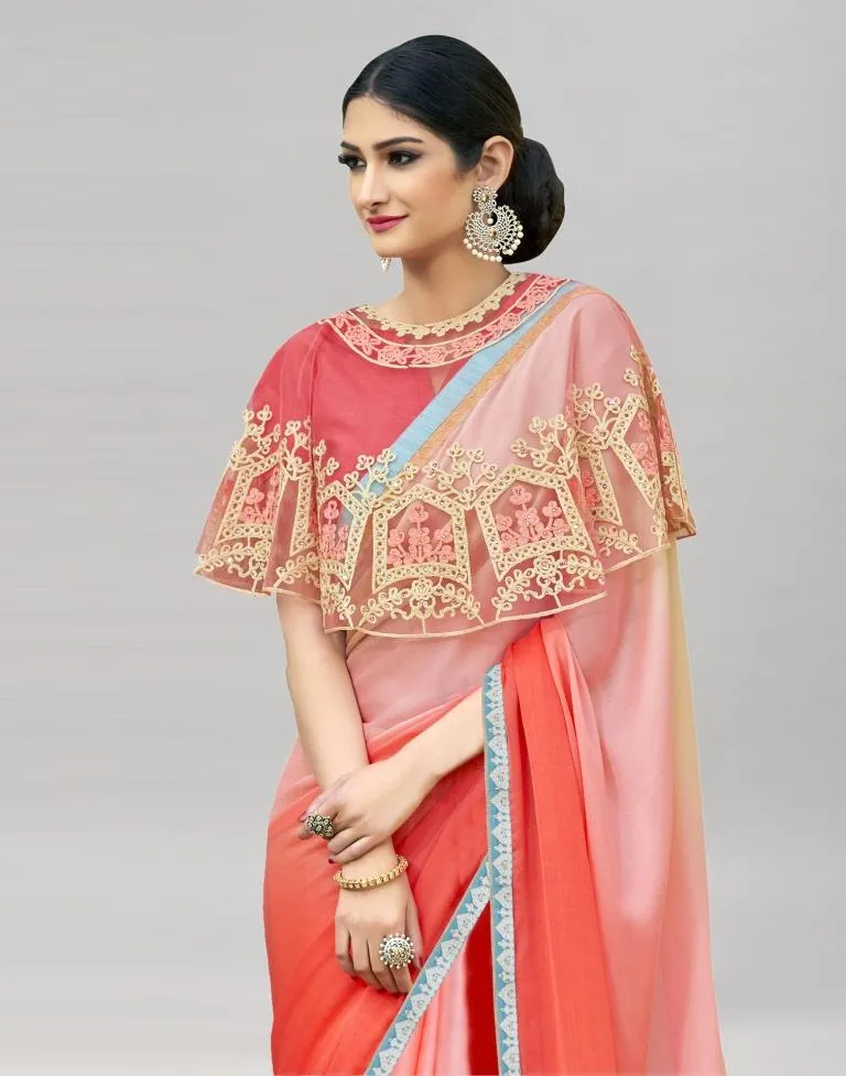 Coral Pink Coloured Chiffon Plain Partywear saree