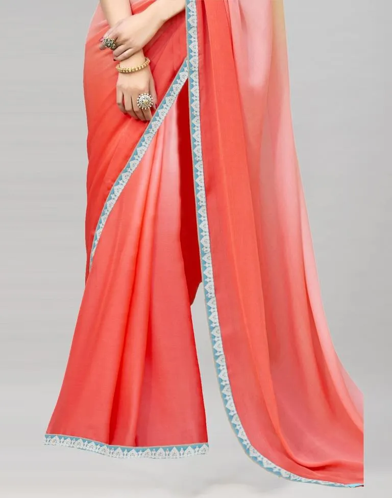 Coral Pink Coloured Chiffon Plain Partywear saree