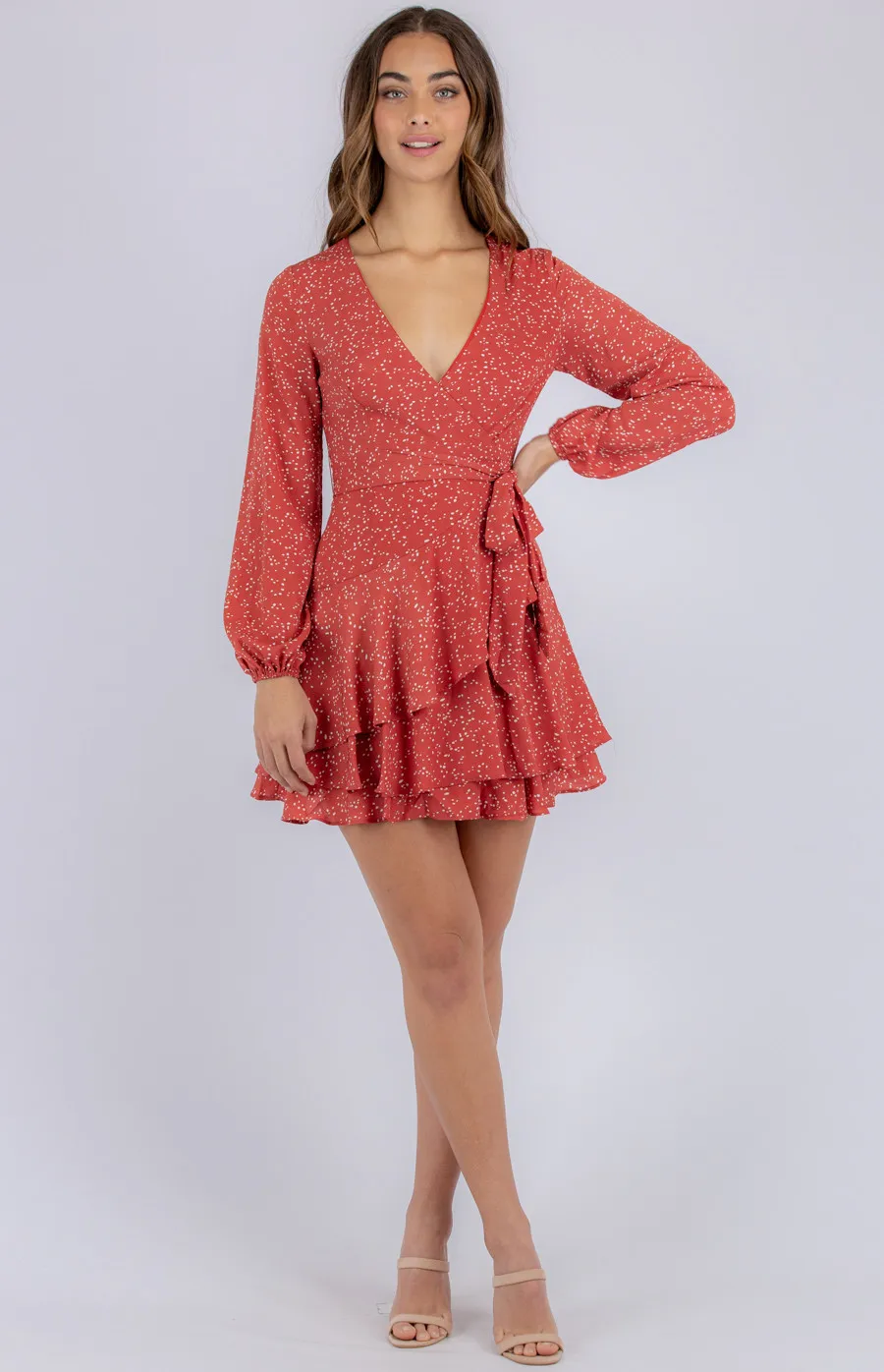 Cross Front Long Sleeve Dress with Ruffle Tiered Hem (SDR840A)