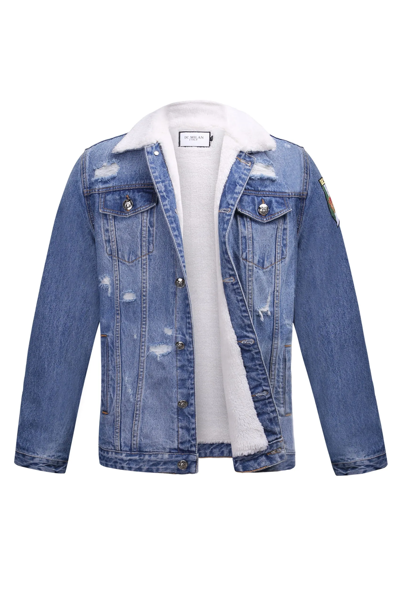 Embroidered Light Blue Denim Jacket with Faux Fur