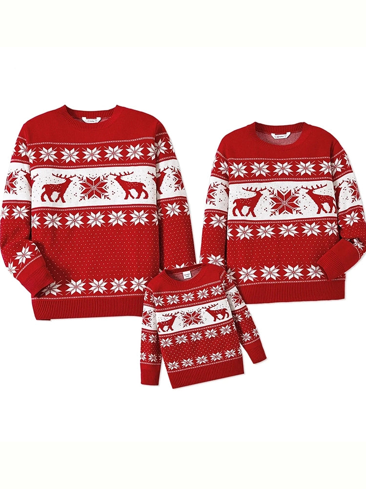 Family Christmas Sweater Matching Deer and Snowflake Long-sleeve Knitted Sweater