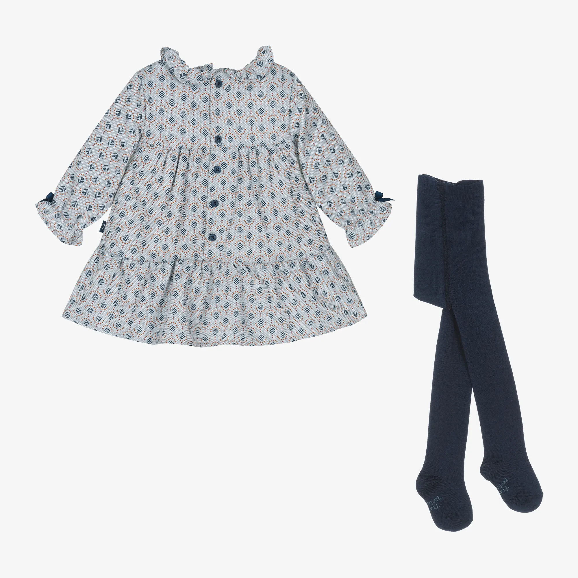 Girls Blue Printed Dress & Tights Set