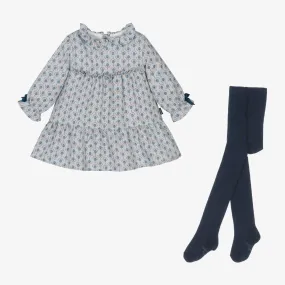 Girls Blue Printed Dress & Tights Set