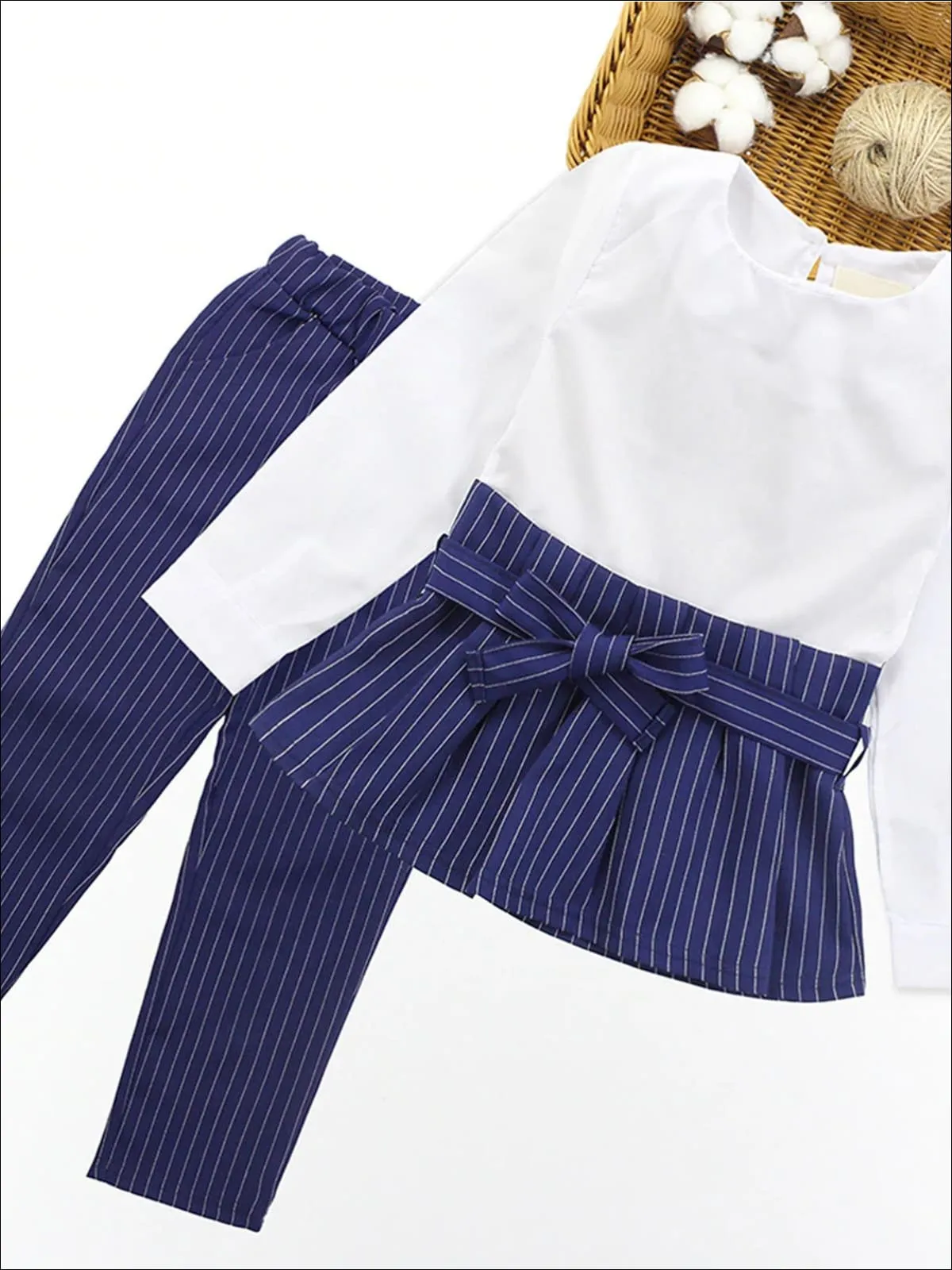 Girls Preppy Long Sleeve Skirted Blouse With Belt And Pinstripe Trousers