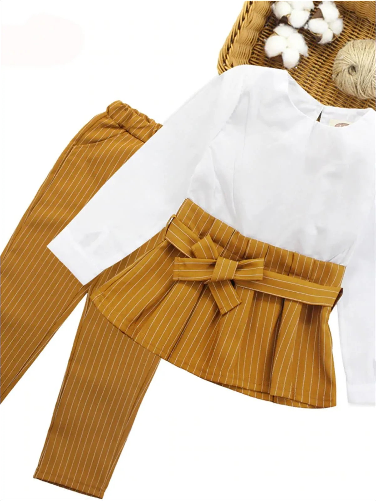 Girls Preppy Long Sleeve Skirted Blouse With Belt And Pinstripe Trousers