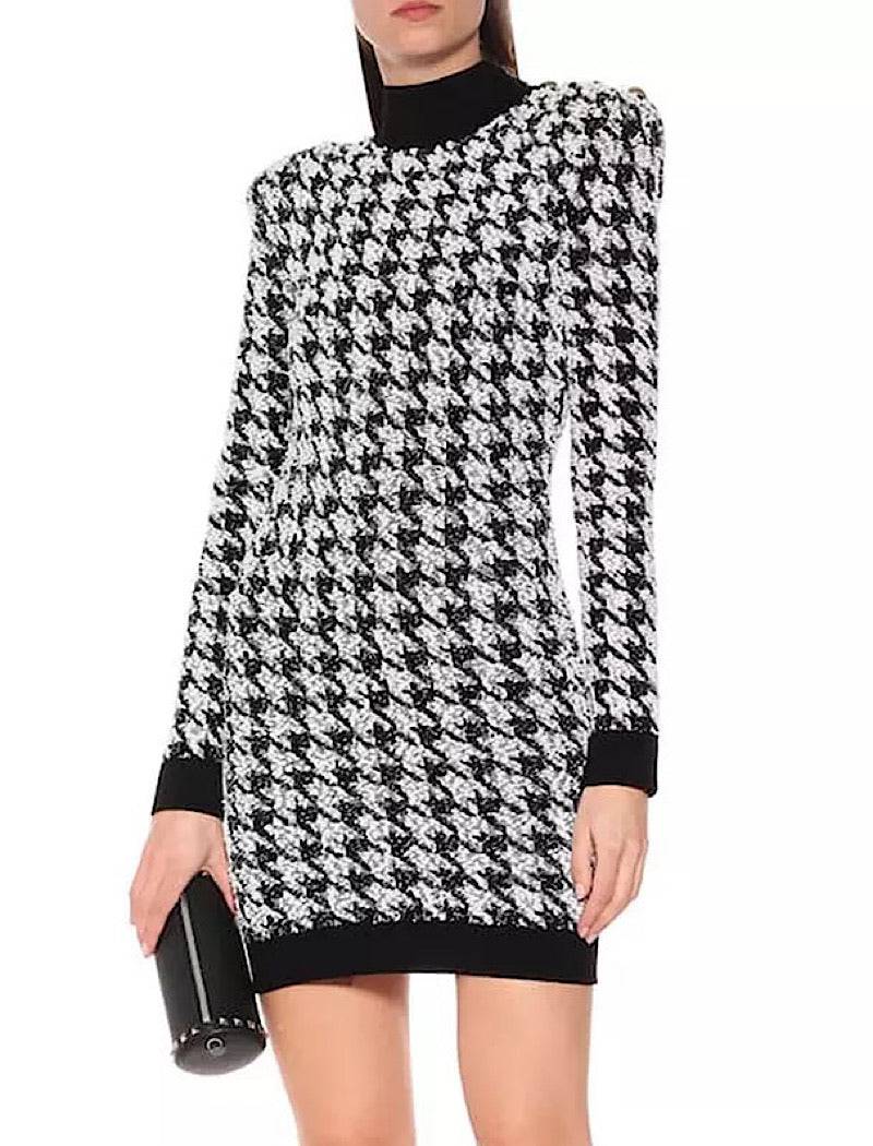 Houndstooth Tweed Knit Turtleneck Sweater Dress