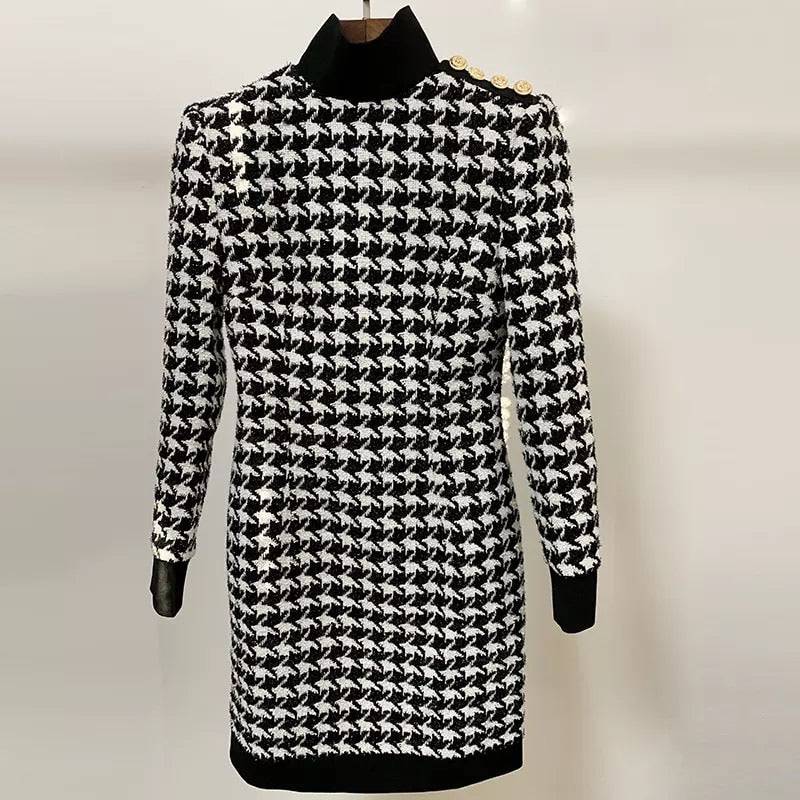 Houndstooth Tweed Knit Turtleneck Sweater Dress