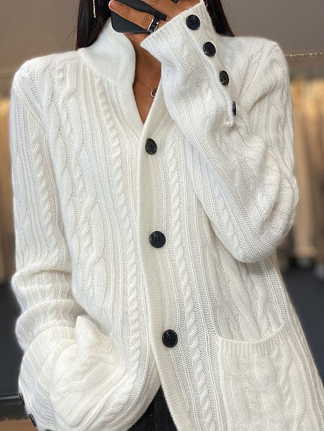 Ladies' Elegant V Neck Cable Knit Cardigan Sweater with Buttons and Pockets