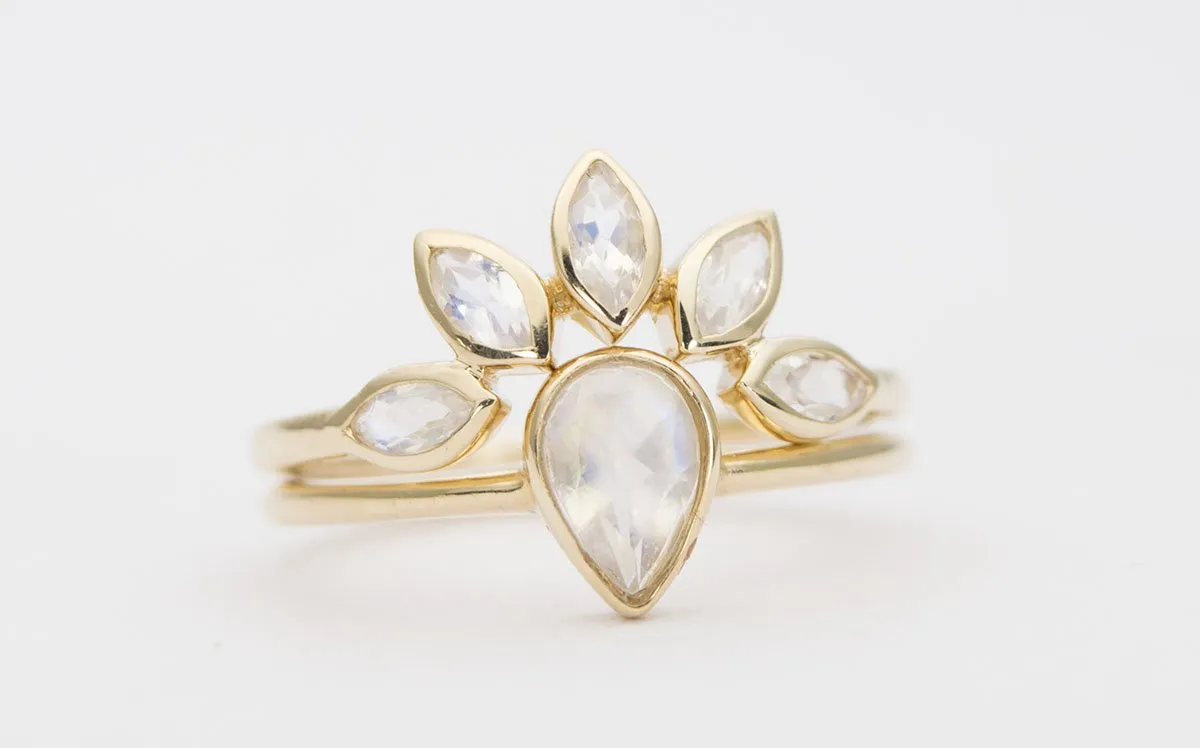 Marquise Rainbow Moonstone Crown Ring 14K Gold AD1250