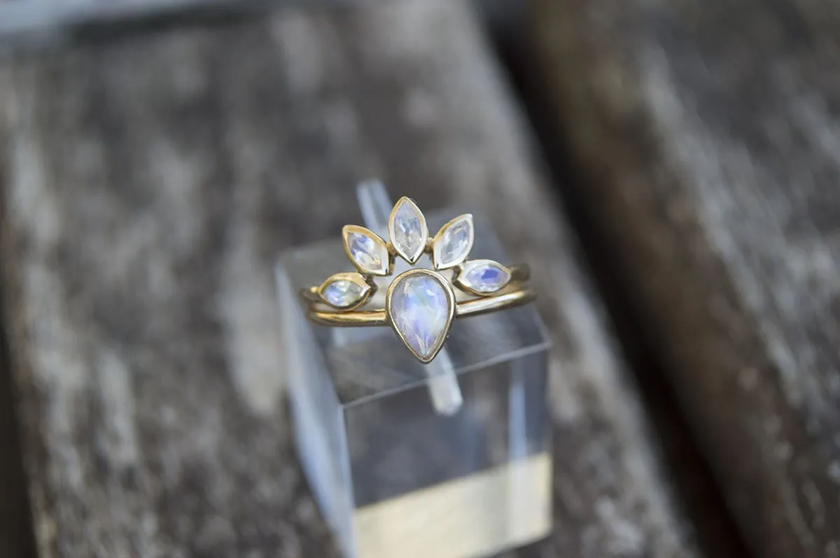 Marquise Rainbow Moonstone Crown Ring 14K Gold AD1250