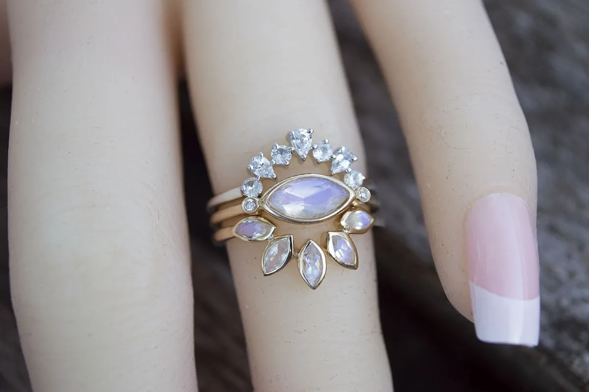 Marquise Rainbow Moonstone Crown Ring 14K Gold AD1250