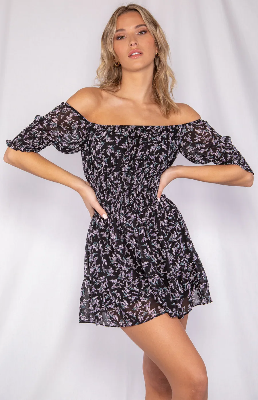 Off the Shoulder Shirred Detail Dress (WDR220A)