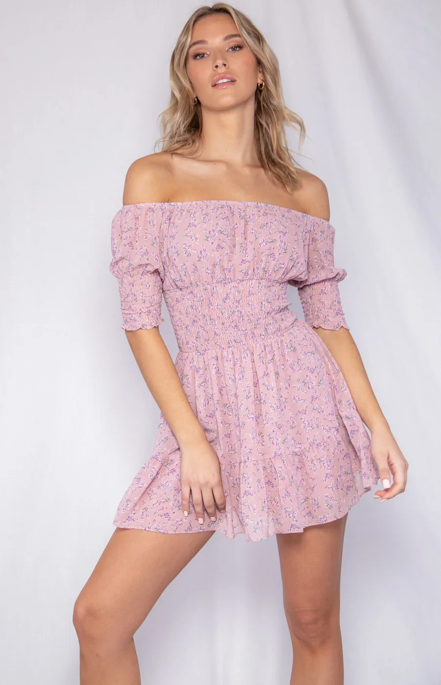 Off the Shoulder Shirred Detail Dress (WDR220A)