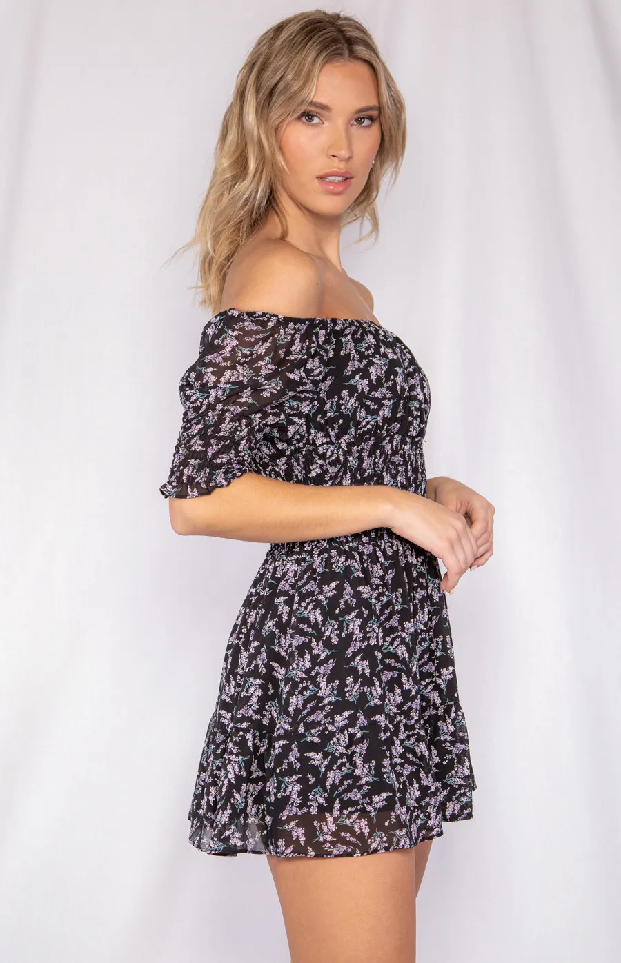 Off the Shoulder Shirred Detail Dress (WDR220A)