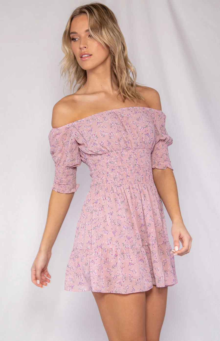 Off the Shoulder Shirred Detail Dress (WDR220A)