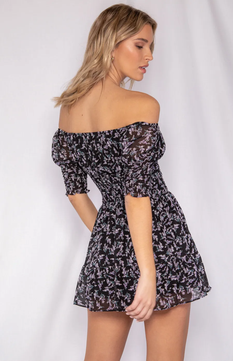 Off the Shoulder Shirred Detail Dress (WDR220A)