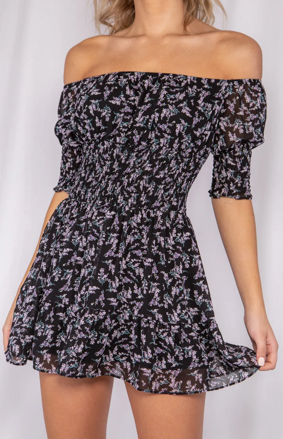 Off the Shoulder Shirred Detail Dress (WDR220A)