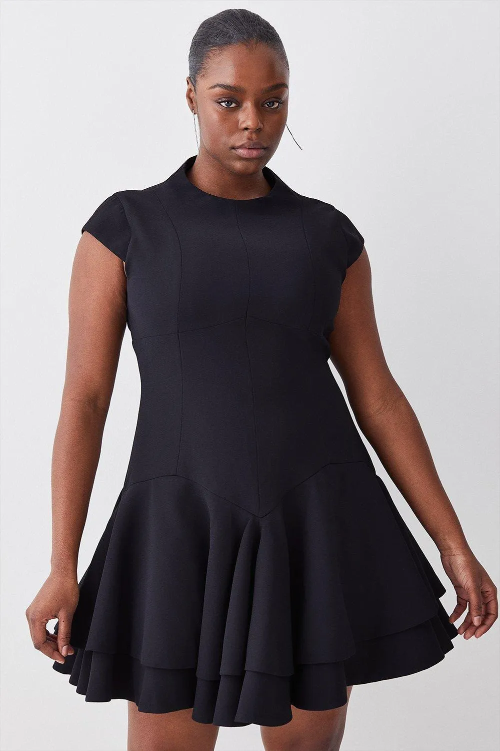 Plus Size High Neck Crepe Full Skirted Mini Dress | Karen Millen