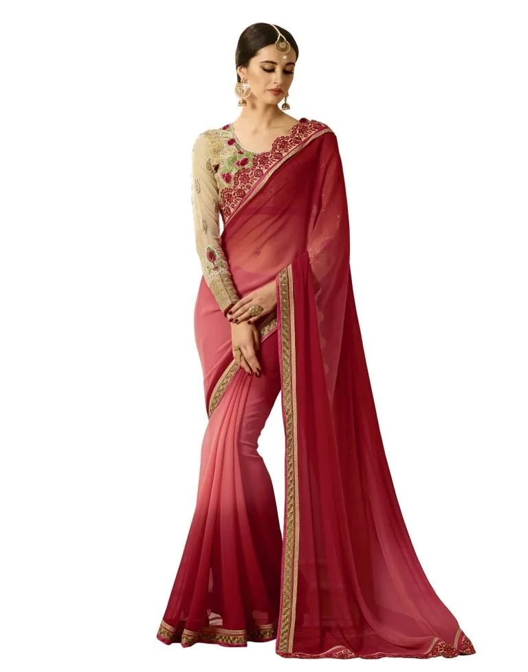 Red Coloured Georgette Zari Embroidered Partywear saree