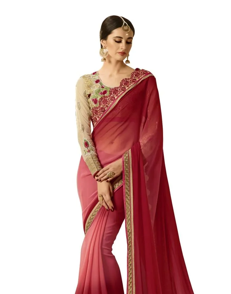 Red Coloured Georgette Zari Embroidered Partywear saree