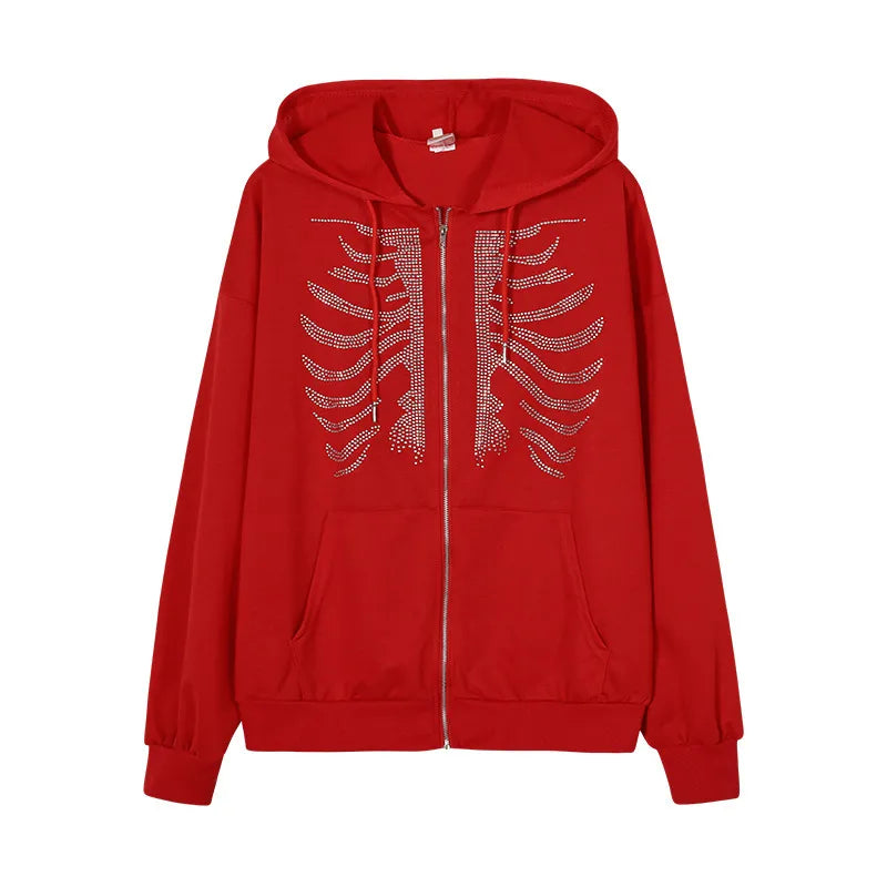 Rhinestone Skeleton Hoodie Oversized Jacket