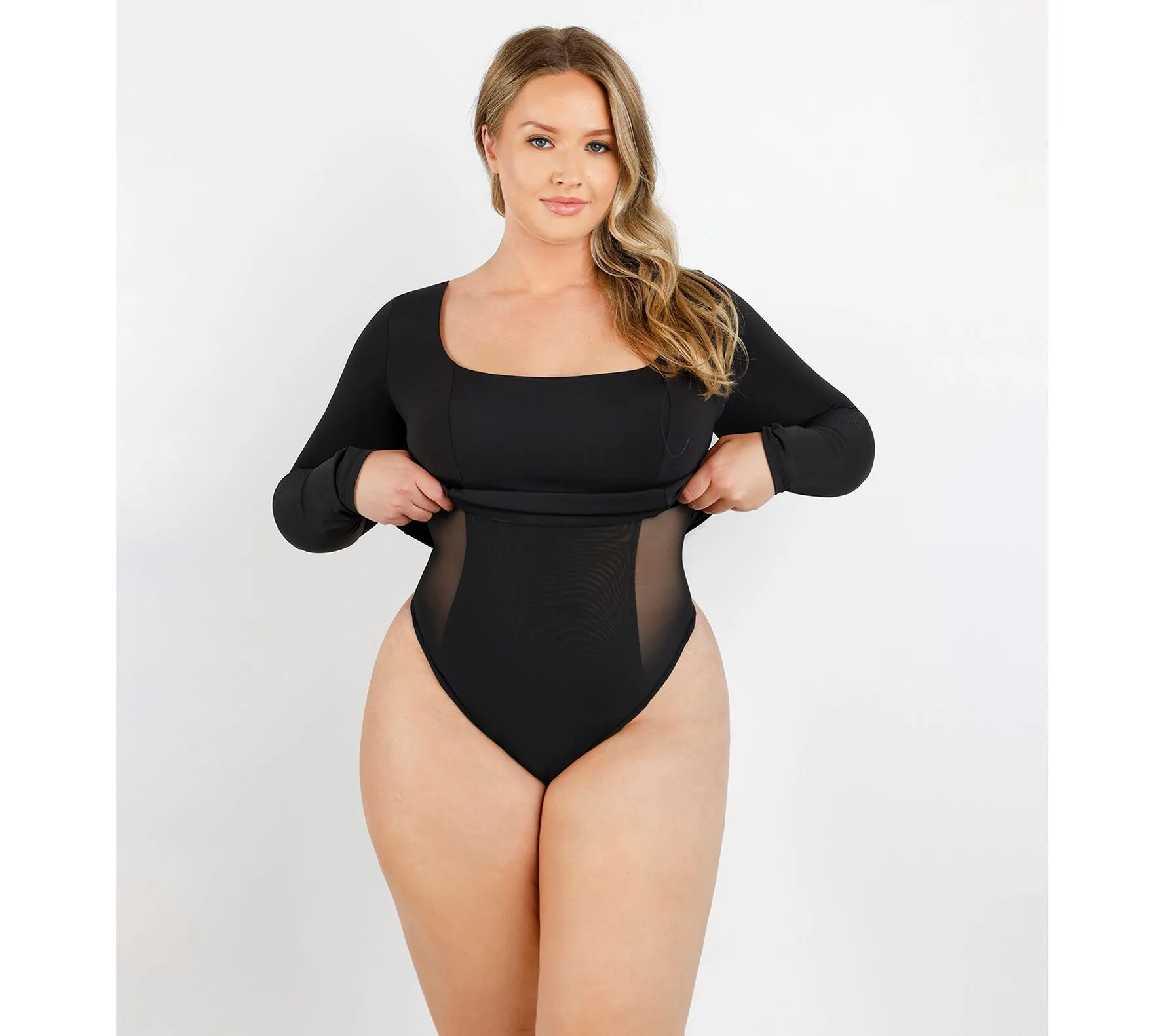 Shapellx Built-In Shapewear Scoop Neck Long Sleeve Bodysuit