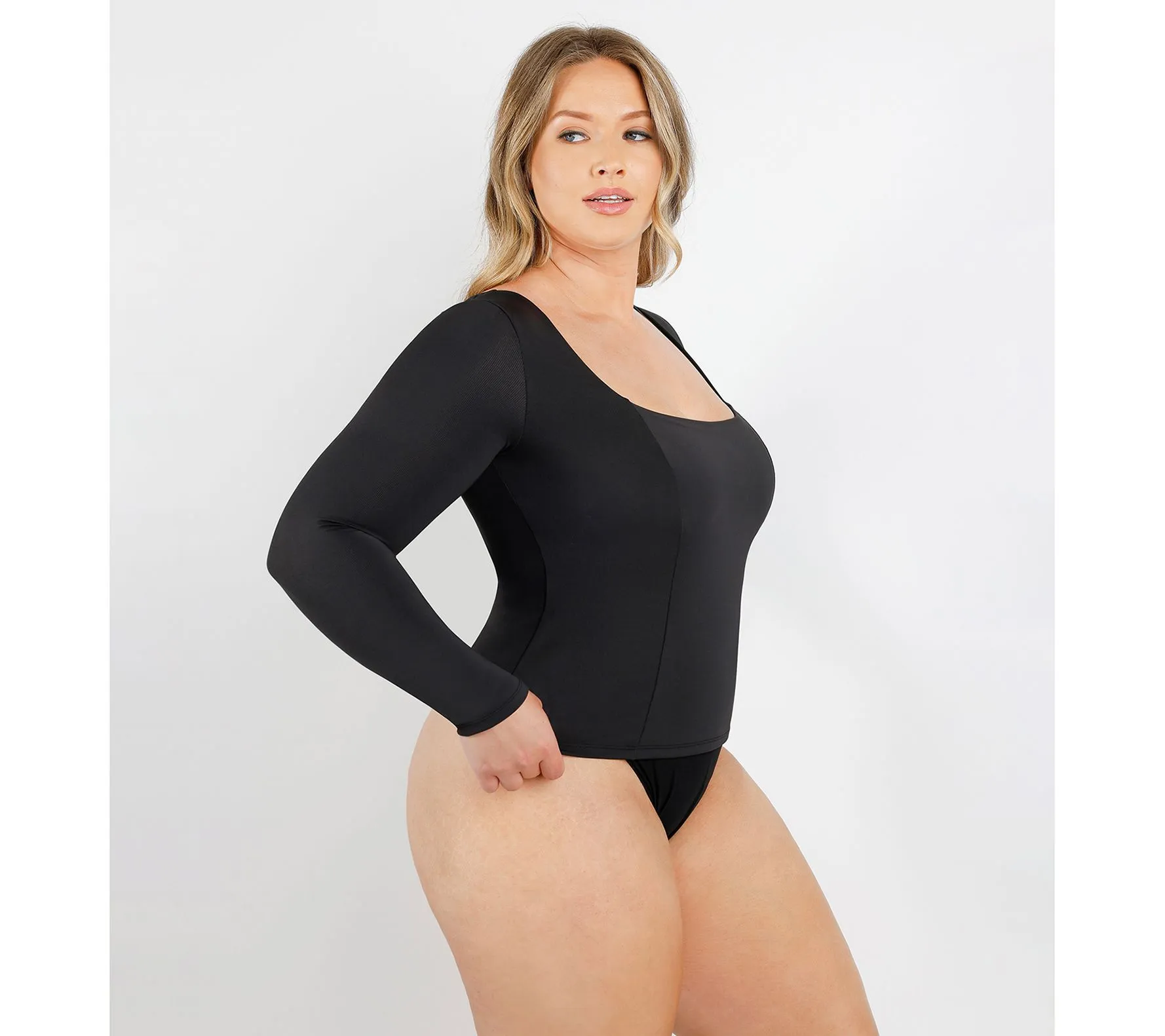 Shapellx Built-In Shapewear Scoop Neck Long Sleeve Bodysuit