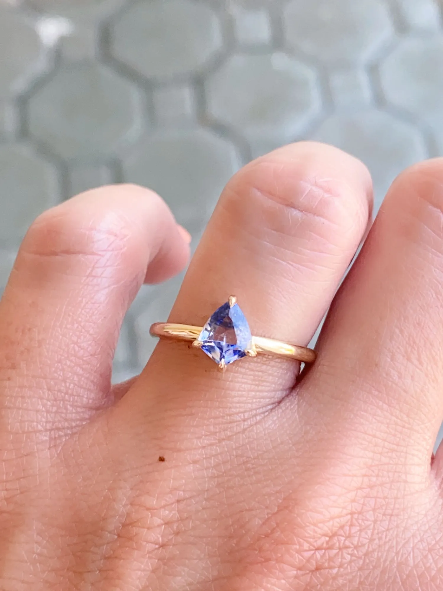 Shield Shape Unique Bi-Color Sapphire Ring 14K Gold R6558