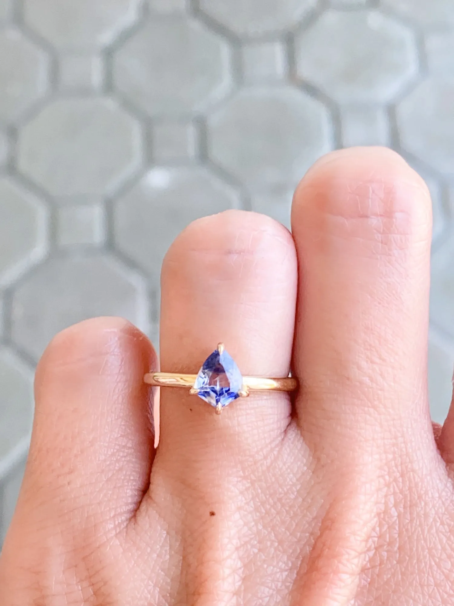 Shield Shape Unique Bi-Color Sapphire Ring 14K Gold R6558