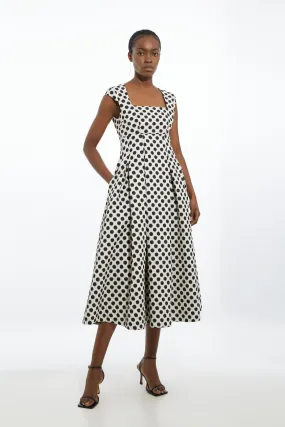 Spotty Jacquard Tailored Square Neck Full Skirted Midi Dress | Karen Millen