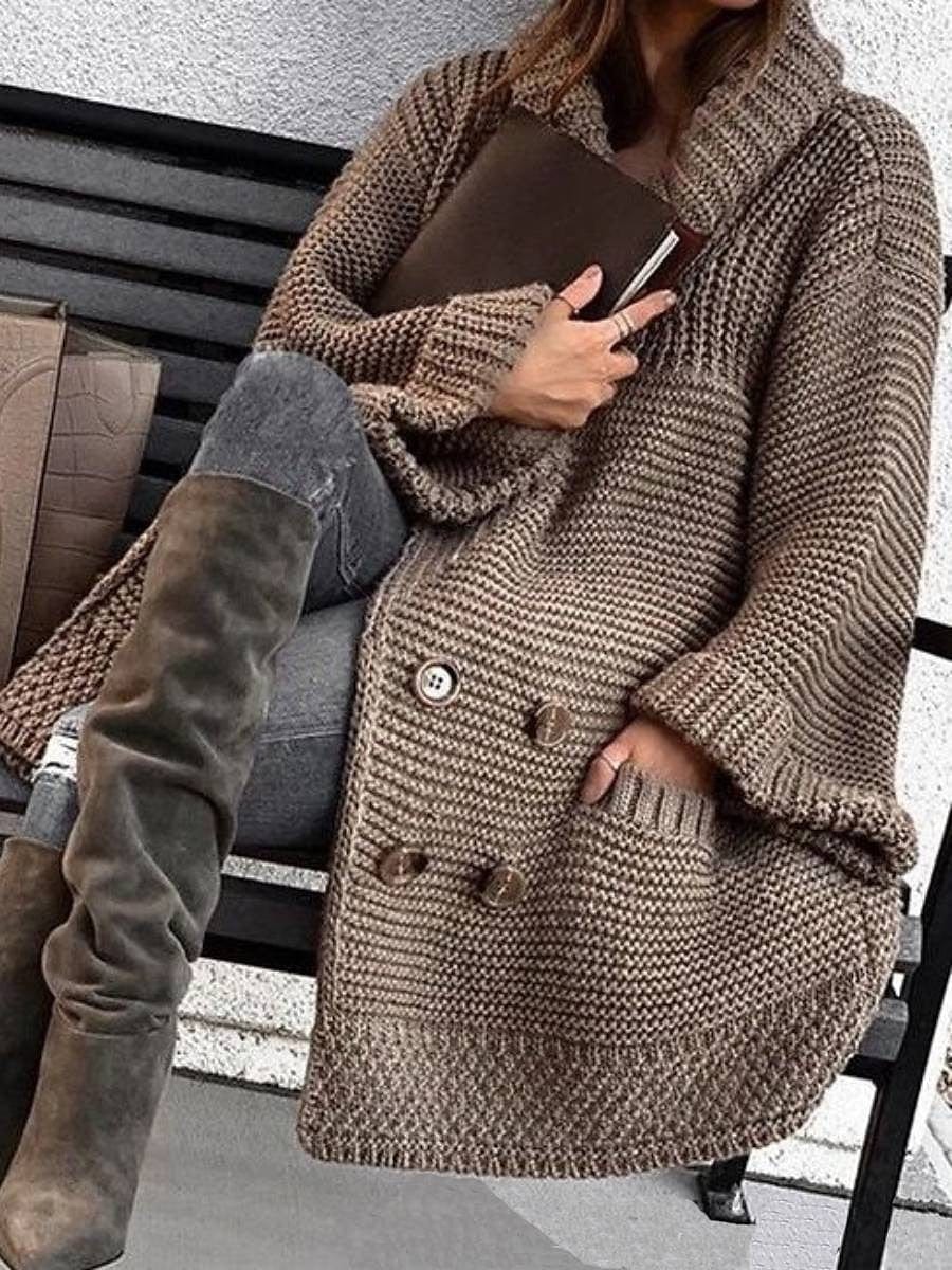 Stylish Brown Chunky Knit Cardigan with Shirt Collar